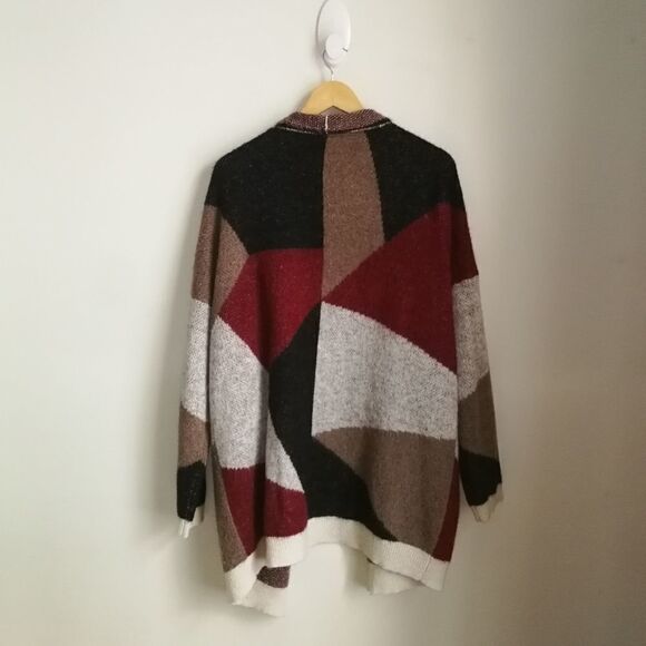 Junarose Abstract Color Block Print Open Front Chunky Knit Cardigan Plus Size 0X - Picture 12 of 12